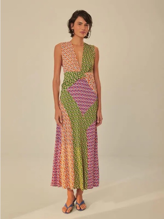FARM Rio Dresses & Skirts - FARM Rio Cashew Mix Knot Maxi Dress Womens XXS Multicolored NWT Plunging V-Neck